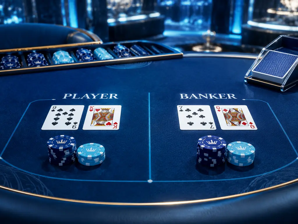 Meja baccarat dengan kartu dan cip di area Player dan Banker