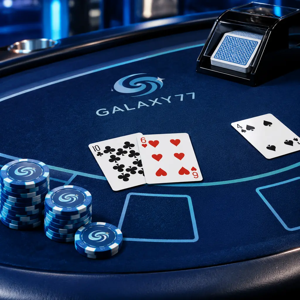 Kartu blackjack dan cip di atas meja kasino biru