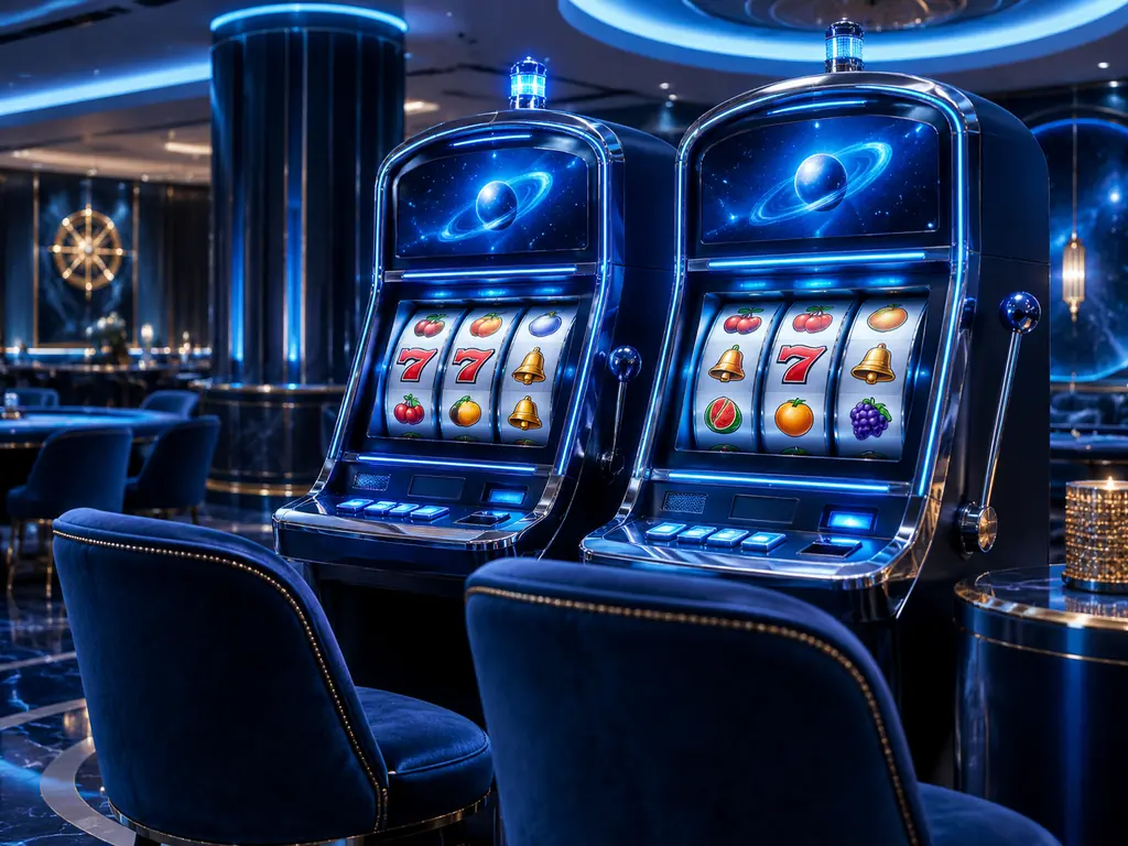 Deretan mesin slot dengan gulungan simbol di ruang kasino biru